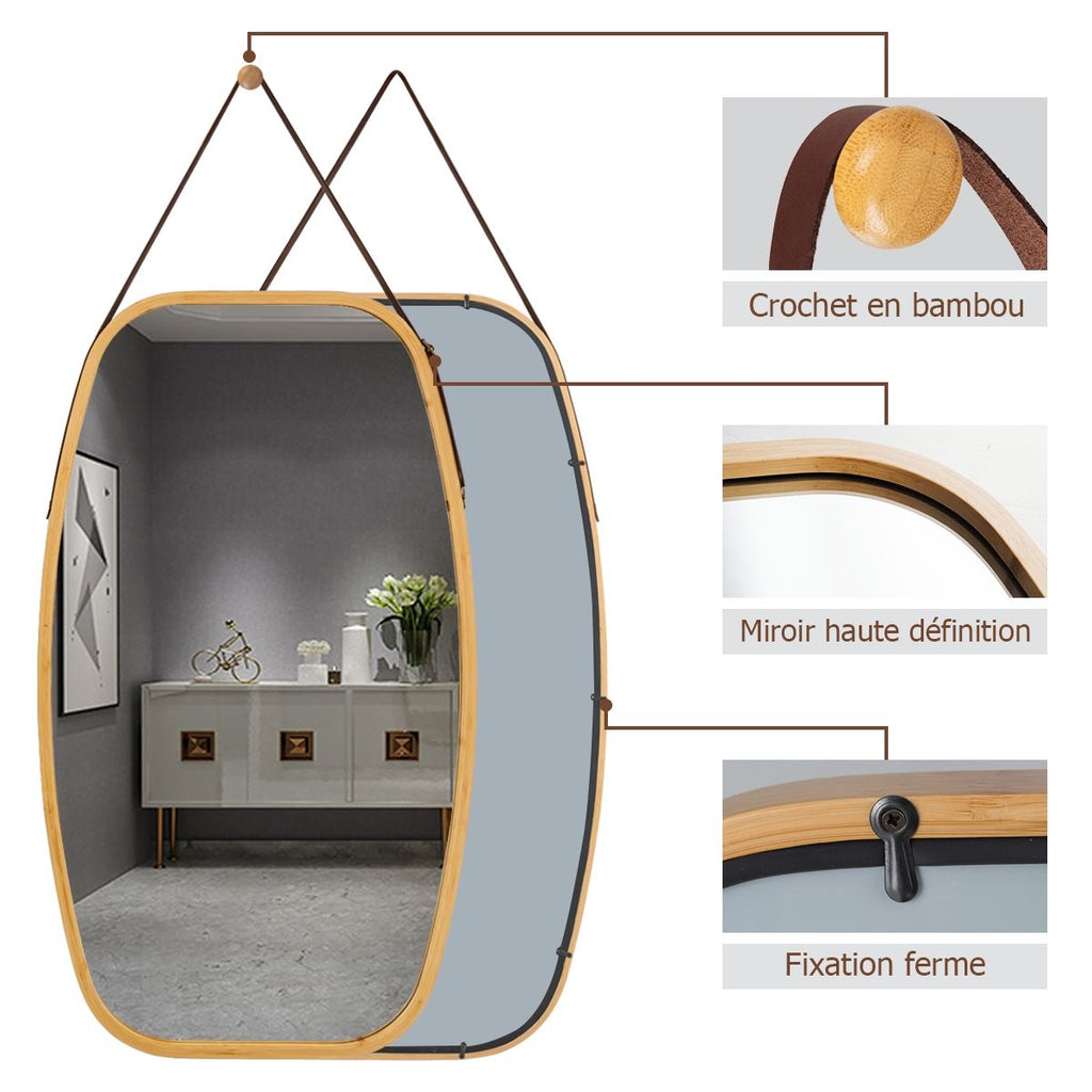 Miroir Mural Suspendu Avec Cadre En Bambou Et Sangle En Cuir