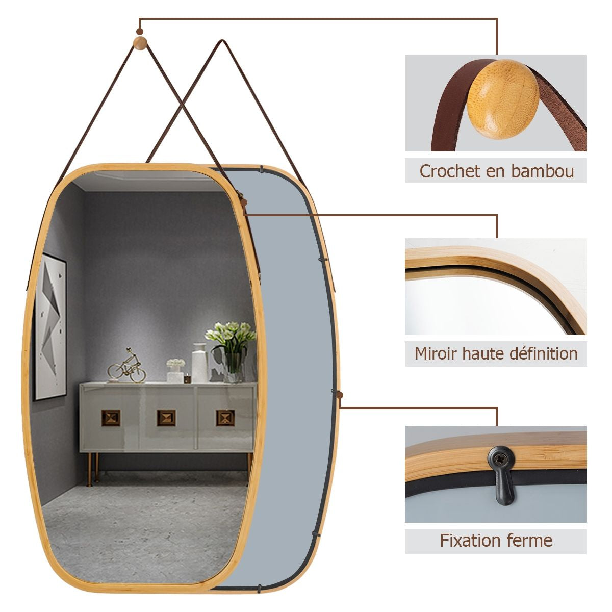 Miroir Mural Suspendu Avec Cadre En Bambou Et Sangle En Cuir