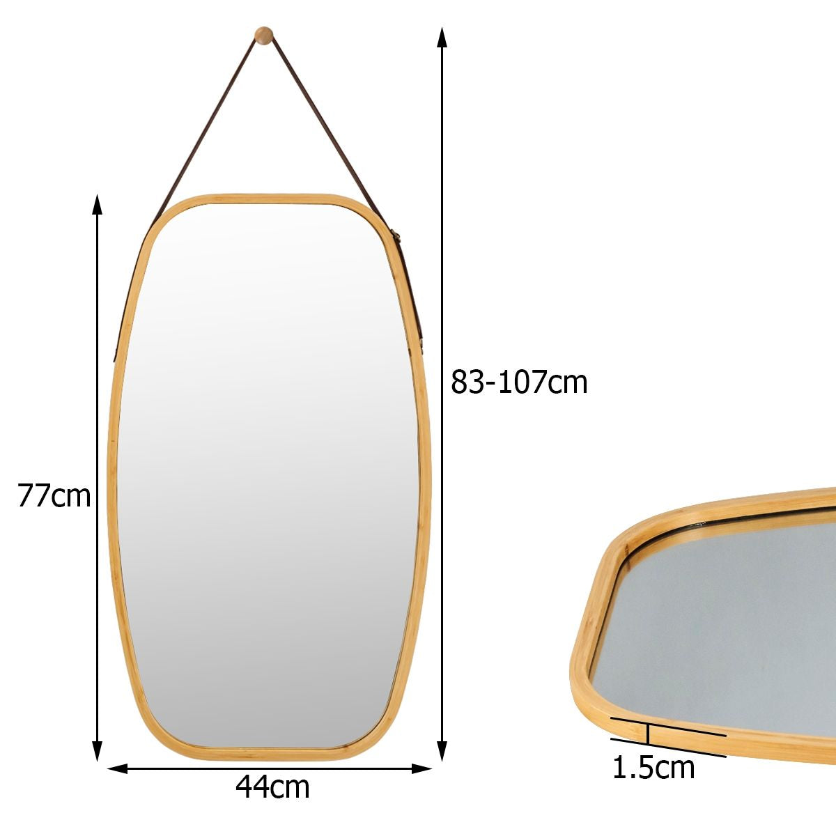 Miroir Mural Suspendu Avec Cadre En Bambou Et Sangle En Cuir