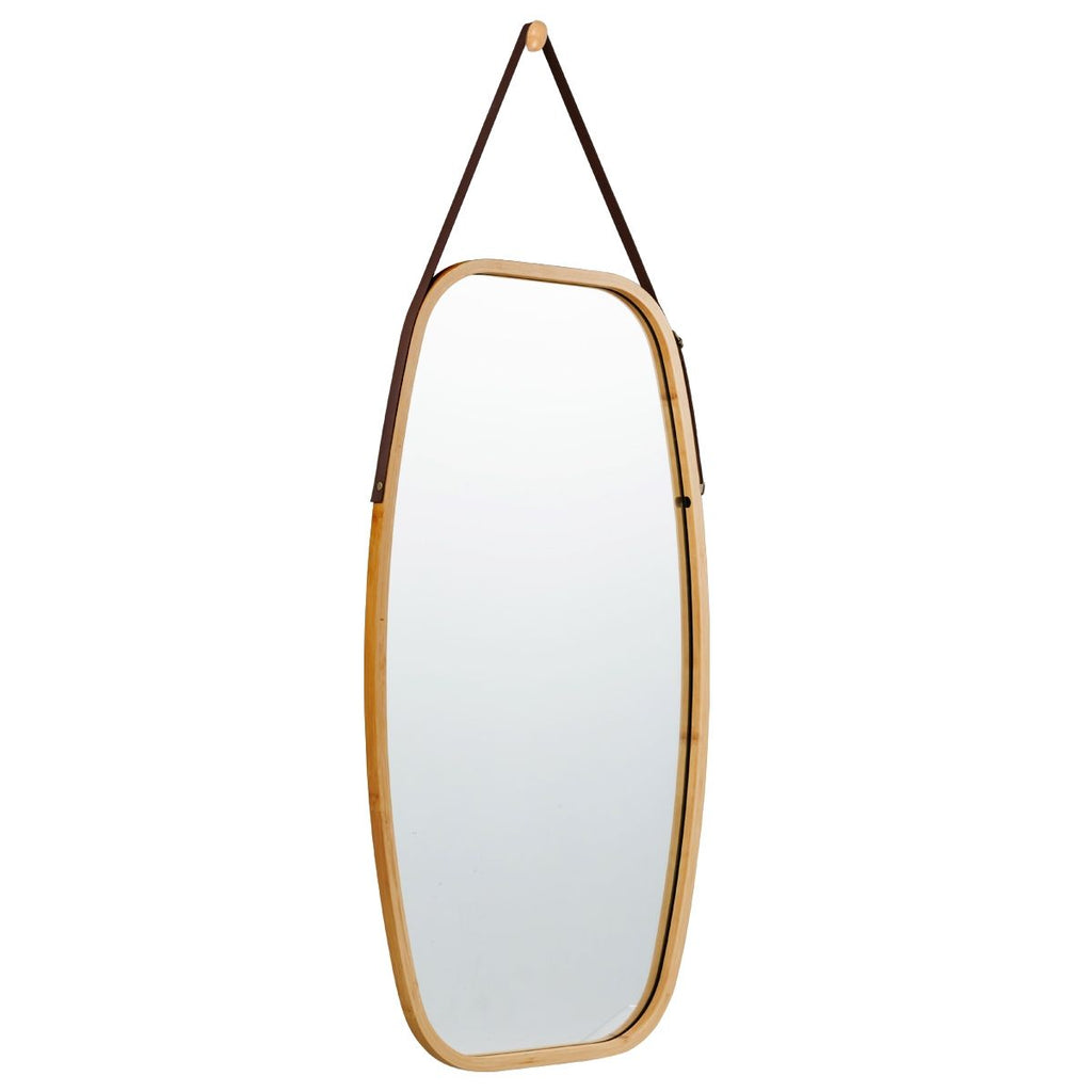 Miroir Mural Suspendu Avec Cadre En Bambou Et Sangle En Cuir