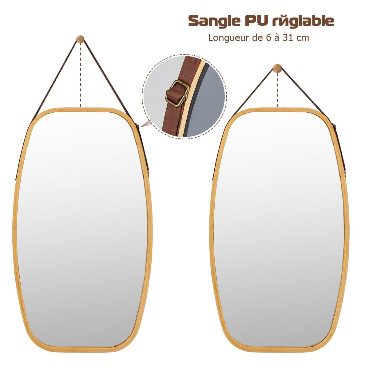 Miroir Mural Suspendu Avec Cadre En Bambou Et Sangle En Cuir