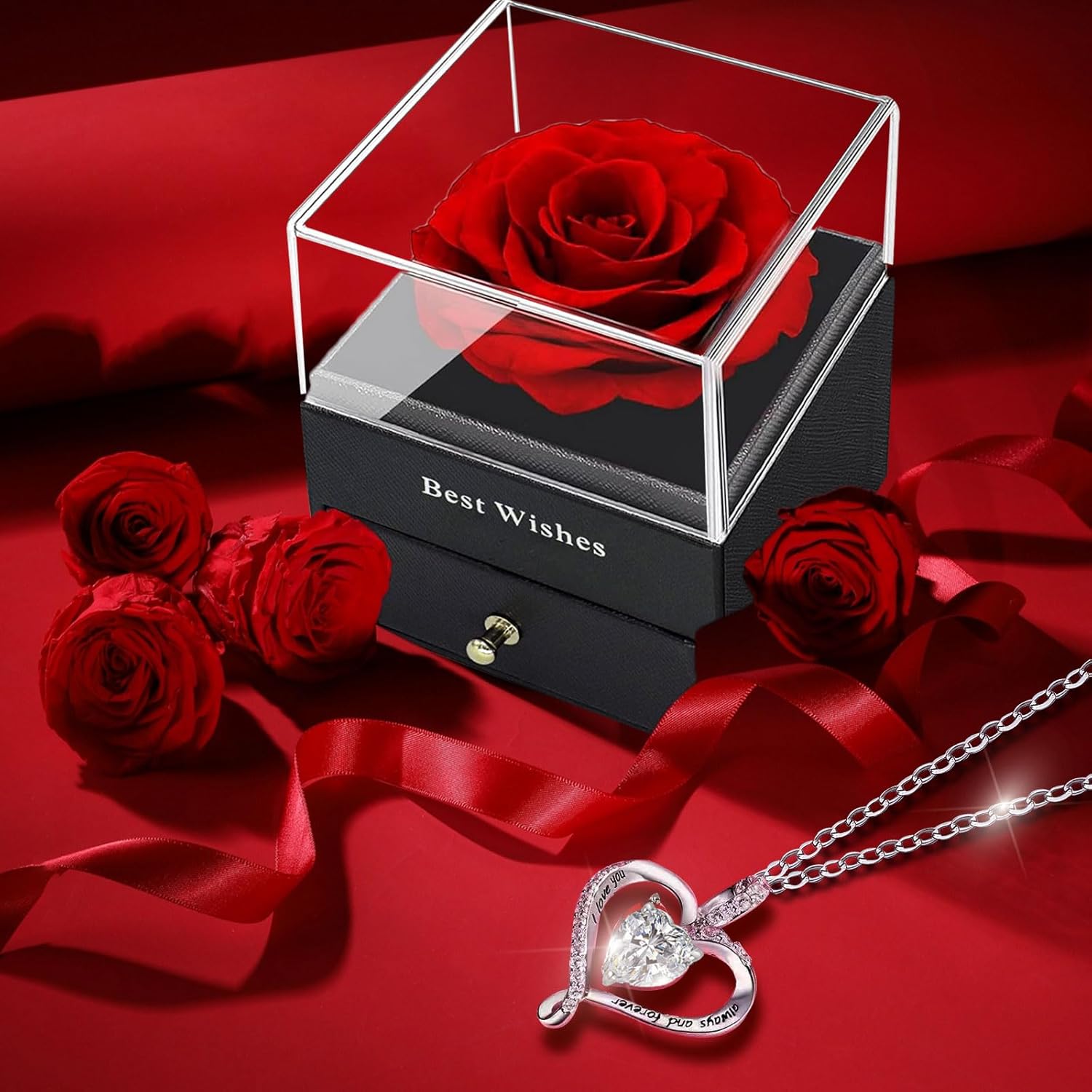 Rose Éternelle Rouge avec Collier en Argent 925