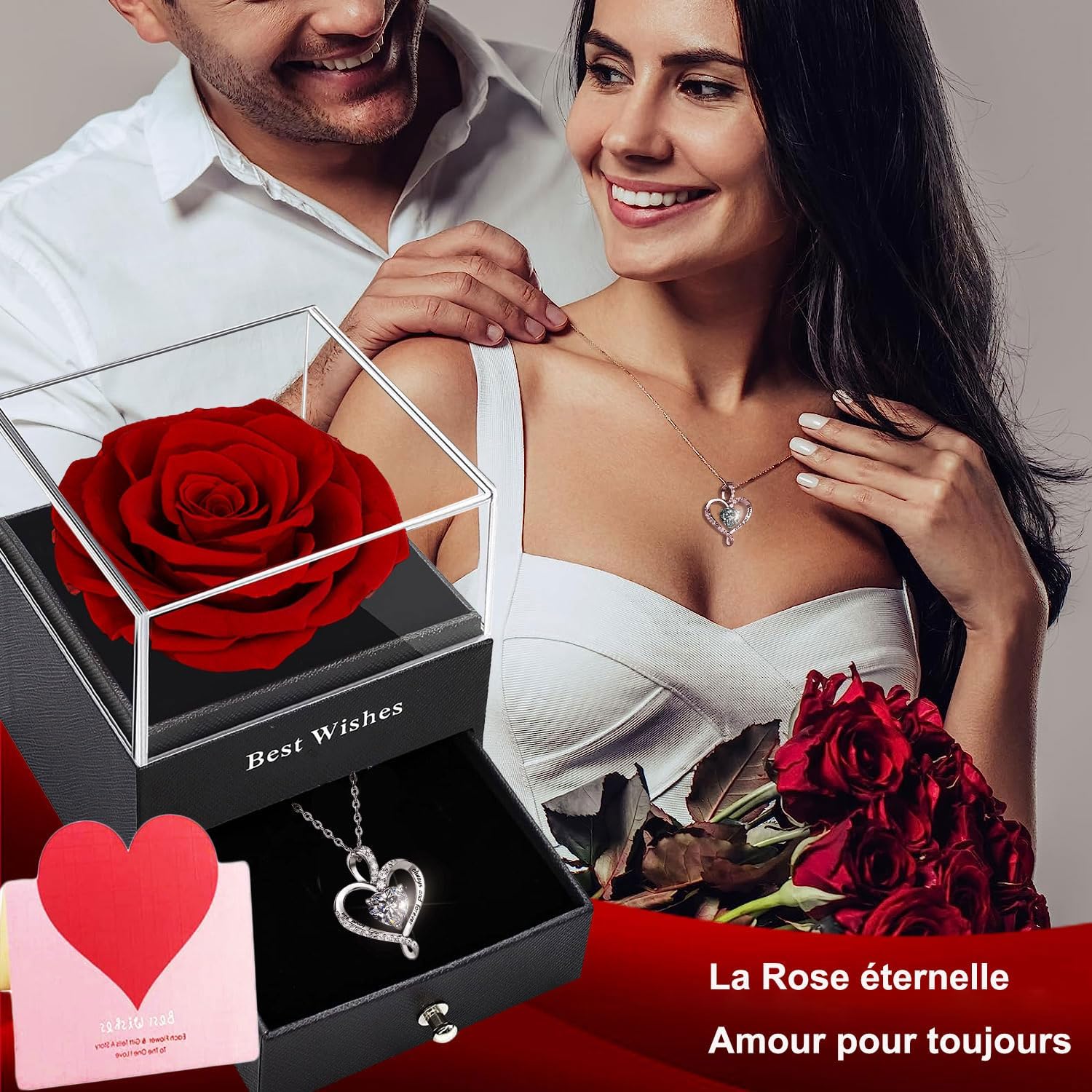 Rose Éternelle Rouge avec Collier en Argent 925