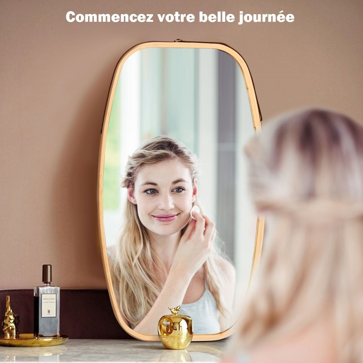 Miroir Mural Suspendu Avec Cadre En Bambou Et Sangle En Cuir