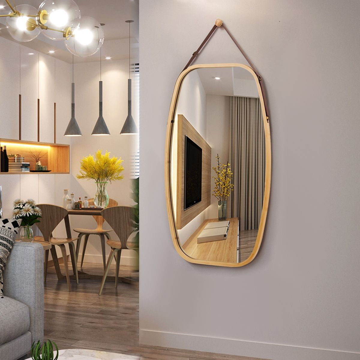 Miroir Mural Suspendu Avec Cadre En Bambou Et Sangle En Cuir