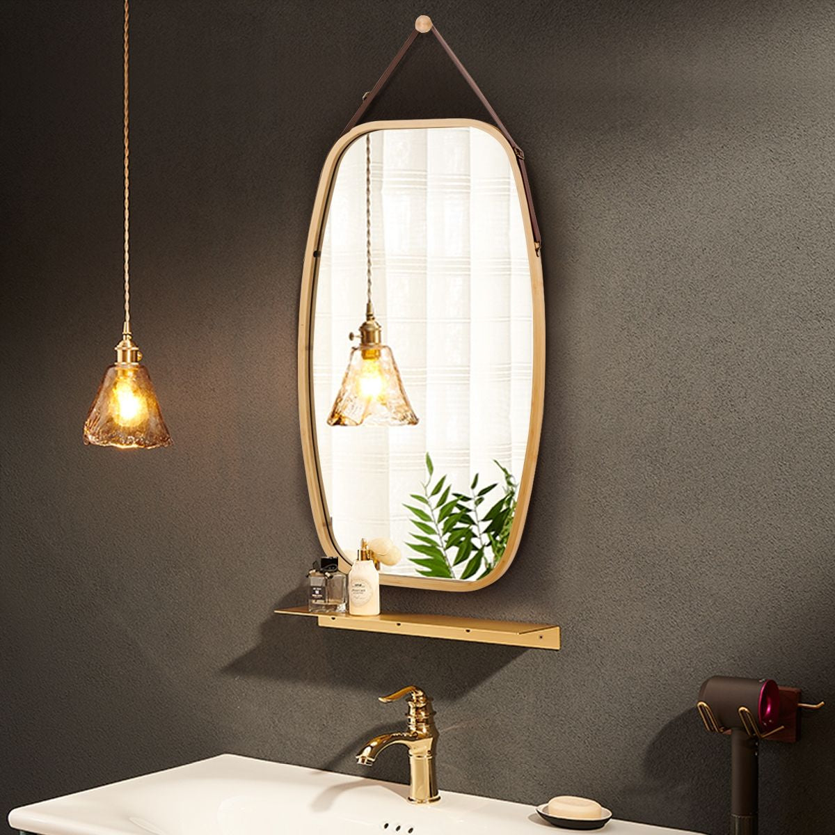 Miroir Mural Suspendu Avec Cadre En Bambou Et Sangle En Cuir