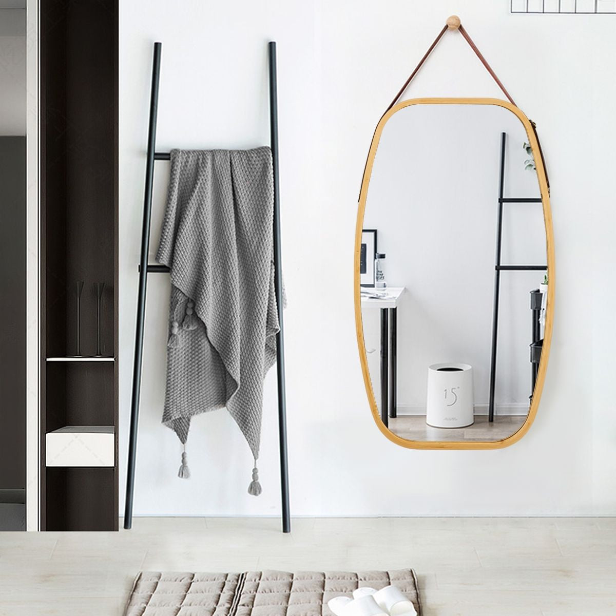 Miroir Mural Suspendu Avec Cadre En Bambou Et Sangle En Cuir